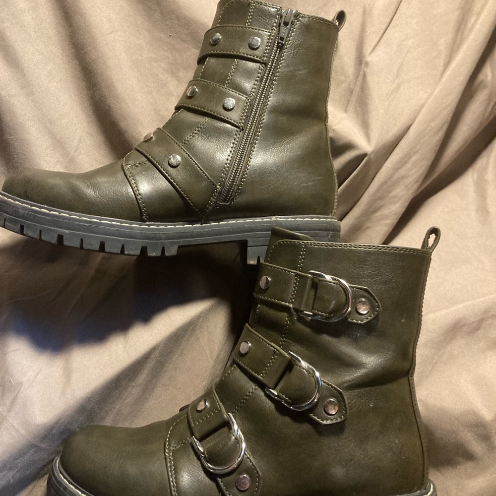 Olive Green Buckle Ankle Boots